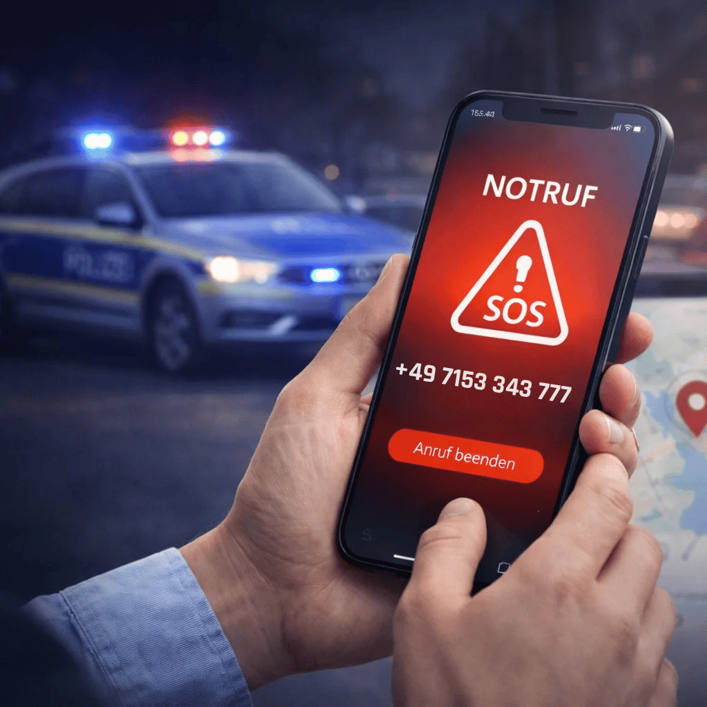 Smartphone zeigt Anruf zur Notfall-Hotline bei Wohnmobil-Diebstahl
