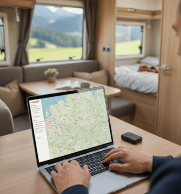 Ein Laptop mit dem Webportal 3.0 in einem Reisemobil.