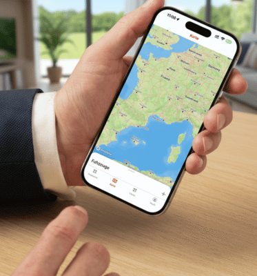 Ein Smartphone mit einer Landkarte von der velocate2 App