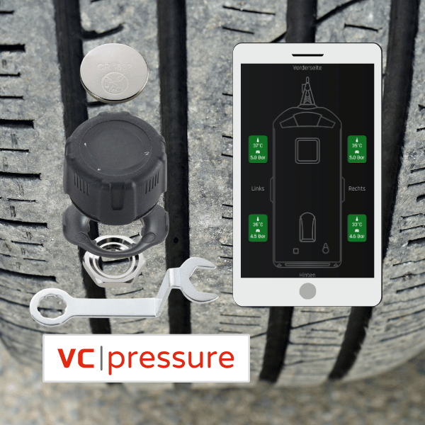 vc|pressure Reifendrucksensor am Fahrzeugreifen mit Anzeige auf dem Smartphone