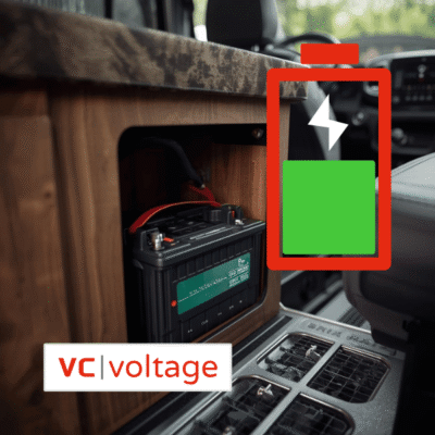 Reisemobil Sitzecke mit einer Fahrzeugbatterie darunter, darauf eine Batterie Symbol.