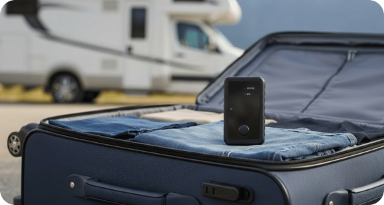 Ein Koffer mit Kleidung, darin ein GPS Ger&auml;tder vc maxi. Dahinter verschwommen ein Reisemobil.