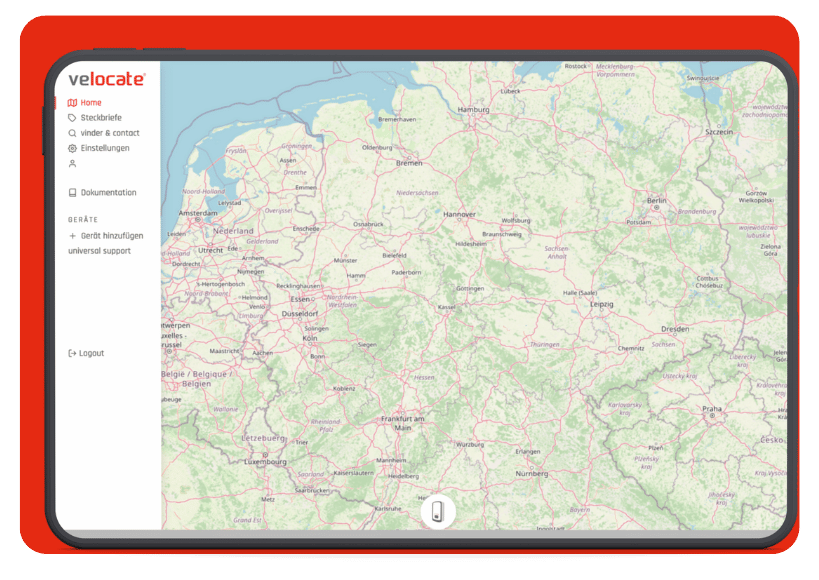 Tablet zeigt velocate Webportal 3.0 mit Standort und Alarmen auf der Karte